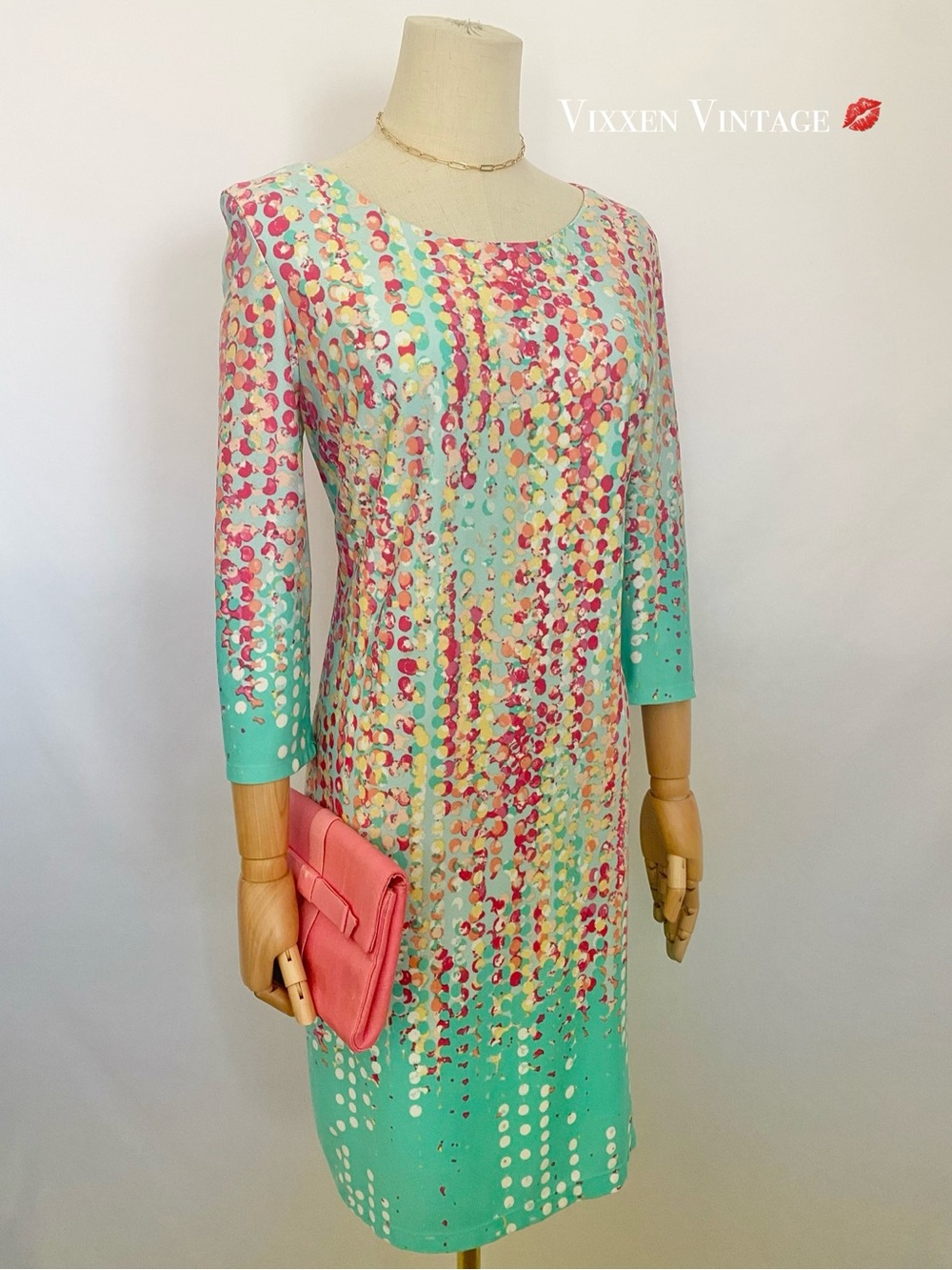 VINTAGE Y2K LESLIE FAY SPOTTED 3/4-SLEEVE BOATNECK SHEATH DRESS IN MINT